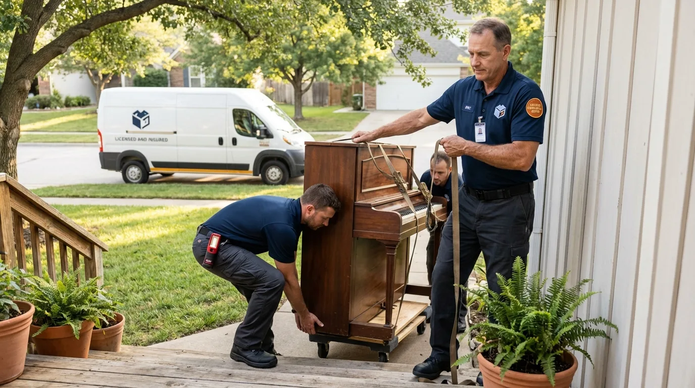 Licensed piano movers securing grand piano in Dixmont, ME
