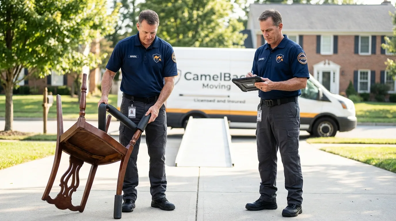 Movers inspecting furniture for damage prevention before loading in Dixmont, ME