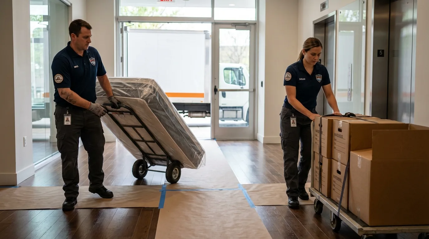 Professional apartment movers loading elevator in Dixmont, ME
